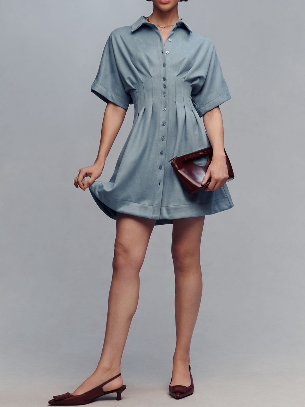 Anthropologie Dusty Blue Button-Front Mini Dress